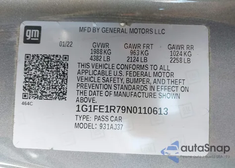 2022 Chevrolet Camaro Rwd Lt1 z USA, uszkodzony, nr VIN 1G1FE1R79N0110613